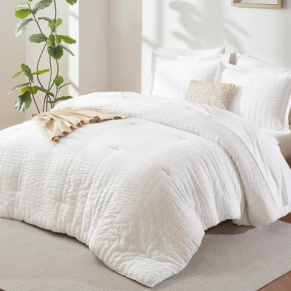 CozyLux Oversized Queen Comforter Set White Seersucker 7 Pieces 98x98 Bed in a Bag Comforter Set with Sheets, Luxury Soft Bedding Sets with Down Alternative Comforter, Sheets, Pillowcases & Shams