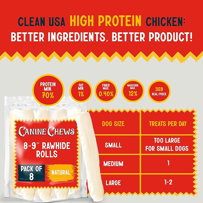 Canine Chews 8-9" Retriever Roll Rawhide Bones for Large Dogs - Durable, Thick Rawhide Bones, Quality Dog Rawhide Chews for Medium to Large Dogs, Thick Size Keeps Dogs Occupied (8 Pack)-Mewly Pet