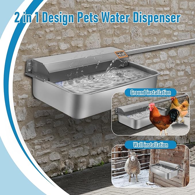 6L Automatic Dog Water Dispenser Bowl for Large Dogs, 304 Stainless Steel Wall Mounted Pet Waterer with Float Valve, Self-Filling Outdoor Water Trough for Pets/Livestock-Mewly Pet