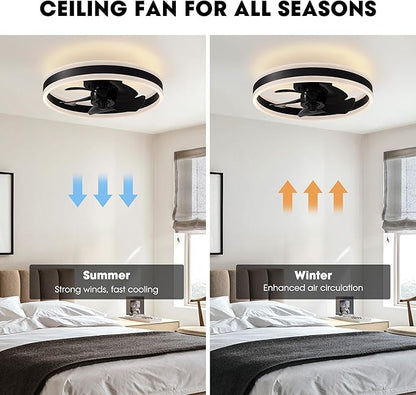 Ceiling Fans with Lights and Remote Flush Mount Black Ceiling Fan with Light,6 Speeds,LED Modern 15" Low Profile Ceiling Fans for Bedroom,Small Room