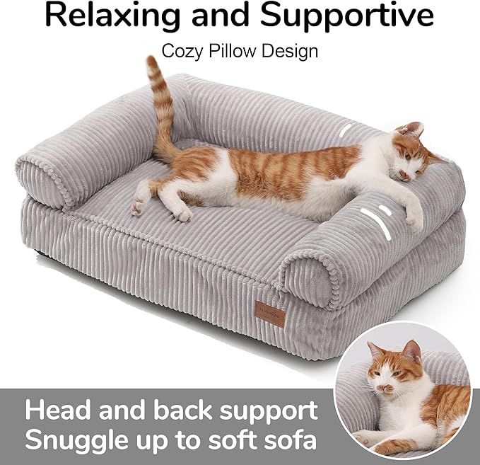 FUKUMARU Dog Couch Bed, Corduroy Cozy Cat Bed for Indoor Cats with Washable Cover, Supportive Waterproof Dog Beds Sofa for Small Dogs and Large Cats Cute, 28inch, Medium, Light Grey-Mewly Pet