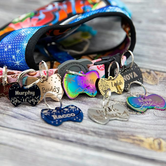 Personalized Dog Tag with 5 Lines of Custom Deep Engraved Durable Stainless Steel Pet ID Name Tag Designer Regular Size Bow Tie-Mewly Pet