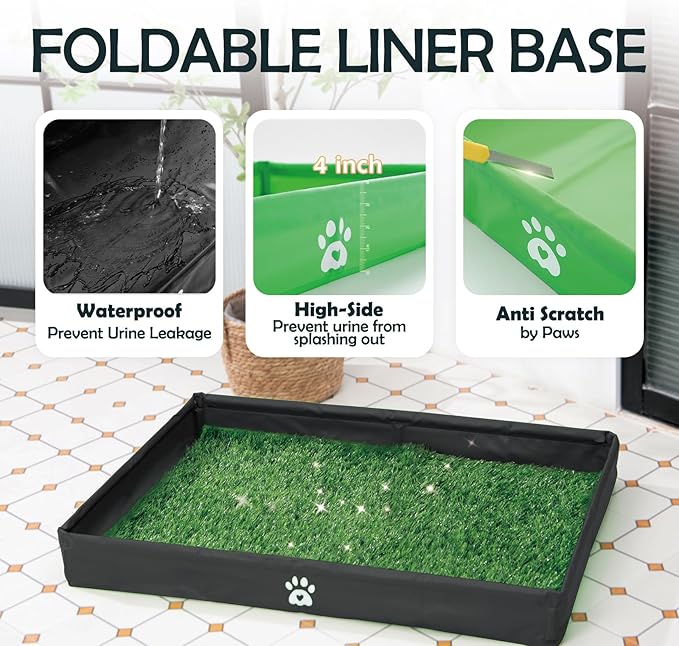 MEEXPAWS Dog Grass Pad with Foldable Dog Litter Box, Small Pee Pad Holder Foldable Liner Base High Side with Odor Free Artificial Grass for Puppy Potty Training Balcony, 2 PCS Reusable Pee Pads-Mewly Pet