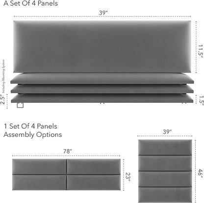 Vänt Upholstered Wall Panels - King/Cal King Size Wall Mounted Velvet Headboards - Velvet Smoke Grey - Twin/King - Set of 4 Panels (Each Individual Panel 39"x11.5")