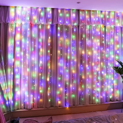 HXWEIYE 300LED Fairy Curtain Lights, 9.8x9.8Ft USB Plug-in 8 Modes Christmas String Hanging Lights with Remote for Bedroom Backdrop Wedding Party Indoor Wall Decor, Multicolor, Standard