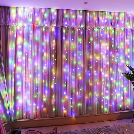 HXWEIYE 300LED Fairy Curtain Lights, 9.8x9.8Ft USB Plug-in 8 Modes Christmas String Hanging Lights with Remote for Bedroom Backdrop Wedding Party Indoor Wall Decor, Multicolor, Standard