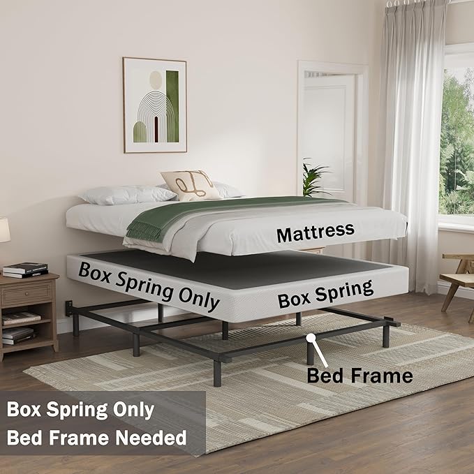 Full Size Box Spring and Cover Set, 9 Inch High Profile Metal BoxSpring, Heavy Duty Structure Mattress Foundation, Noise Free, Non-Slip, Easy Assembly