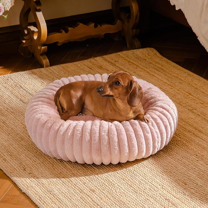 MEWOOFUN Donut Dog Beds for Small Dog, Calming Bed Round Cute Puppy Bed with Non-Slip Bottom, Fluffy Washable Pet Bed for Puppy and Kitten (Pink, S (25x25x7))-Mewly Pet