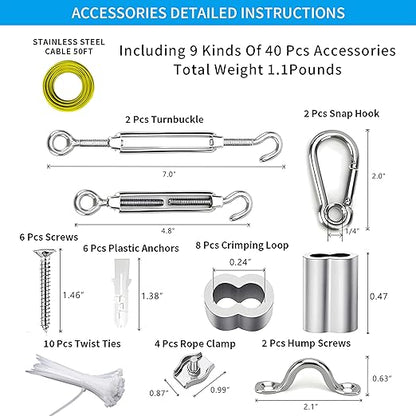 Globe String Light Suspension Kit, Outdoor Light Guide Wire, Vinyl Coated Stainless Steel Steel Cable，Include 50ft Transparent PVC and 304 Stainless Steel Wire Cable, Turnbuckle and Hooks
