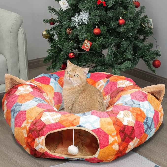 AUOON Cute Cat Donut Tunnel - Interactive Cat Tunnel Bed for Indoor Cats Kitten Kitty Puppy Rabbit Ferret (Orange)-Mewly Pet