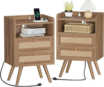 SUPERJARE 2 Drawer Night Stand with Charger Station, Boho Rattan Nightstand Set of 2, 25.2 Inch Tall Bed Side Table with Solid Wood Feet, End Table, Open Storage, Synthetic Rattan, Walnut