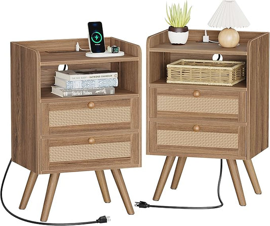 SUPERJARE 2 Drawer Night Stand with Charger Station, Boho Rattan Nightstand Set of 2, 25.2 Inch Tall Bed Side Table with Solid Wood Feet, End Table, Open Storage, Synthetic Rattan, Walnut