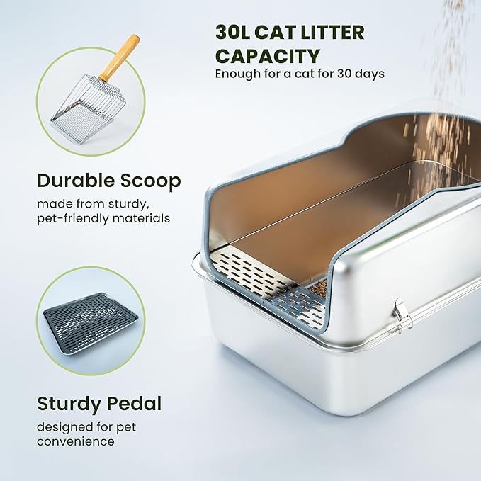Cattasaurus 100% Stainless Steel Litter Box Enclosure for Large Cats 30+ lbs, Odor-Free & Easy to Clean, Multi Cat Litter Box with Cover, Long-Lasting XL Metal Litter Box with High Side, Scoop & Pedal-Mewly Pet