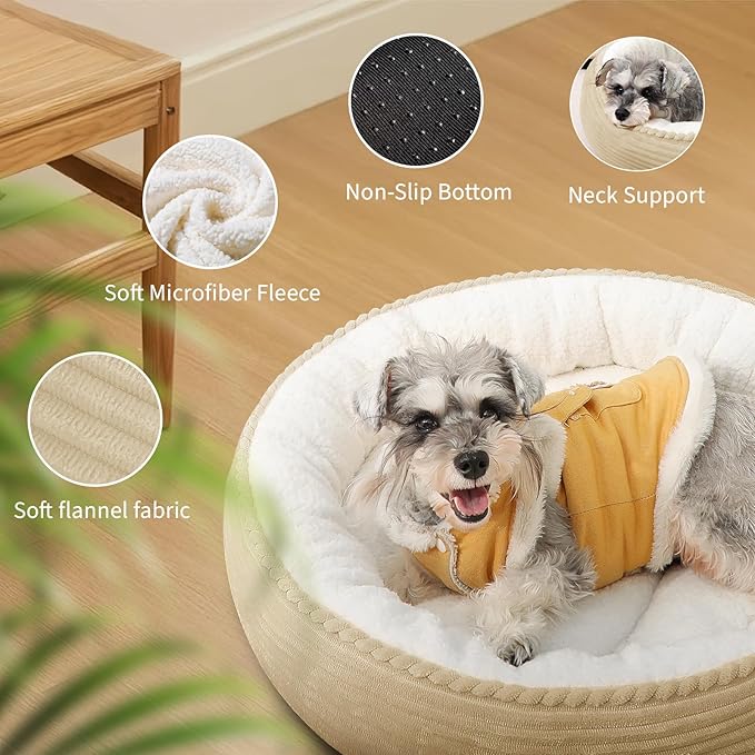 Cat Bed, 20In Dog Beds for Small Dogs, Calming Cat & Dog Beds for Indoor Pets, Pet Beds Comfortable Donut Round Ultra Soft (Camel, 23" L x 23" W x 6.5" Th)-Mewly Pet