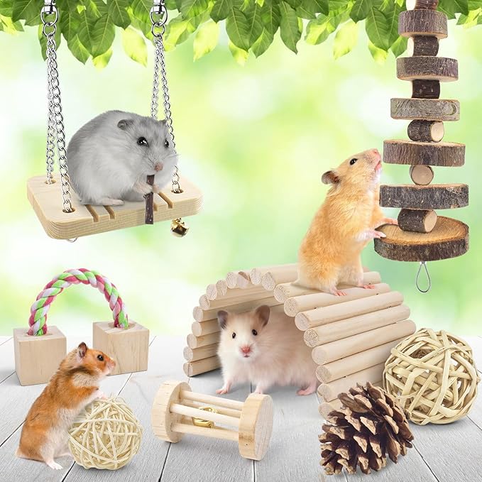 ERKOON New 12 Pack Hamster Chew Toys Gerbil Rat Guinea Pig Chinchilla Chew Toys Accessories, Natural Wooden Dumbbells Exercise Bell Roller Teeth Care Molar Toy for Rabbits Bird Rabbits Hamster Gerbil-Mewly Pet