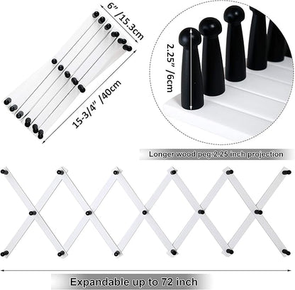 WEBI Accordion Wall Hanger,Expandable Wooden Hat Rack for Wall Mounted Coat Rack,Accordion Hat Hooks Holder for Baseball Caps,17 Peg Hooks,Black on White