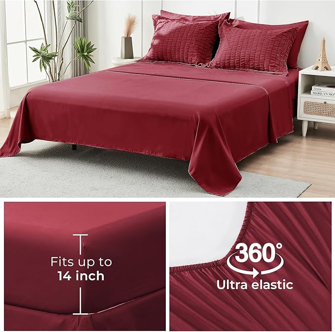 HYMOKEGE Burgundy King Size Comforter Set Seersucker 7 Pieces, All Season Luxury Bed in a Bag for Bedroom, Bedding Set with Comforters, Sheets, Pillowcases & Shams