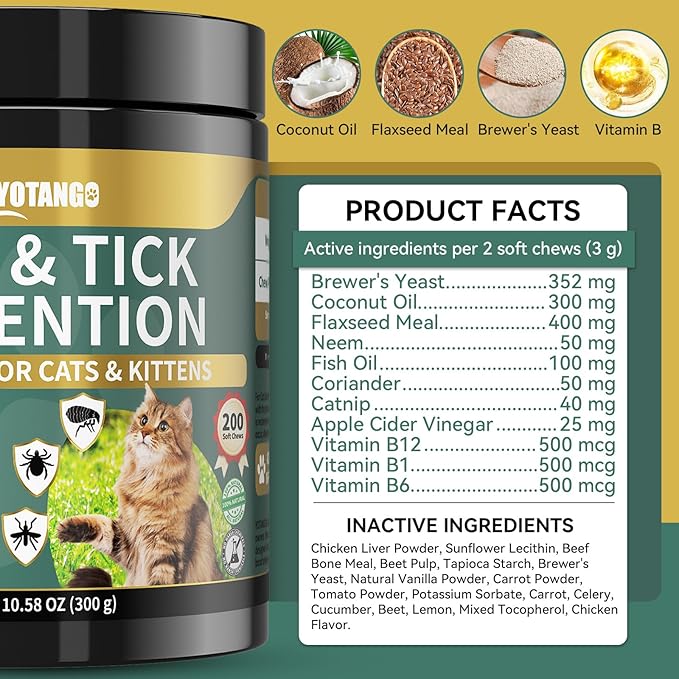 Natural Flea Treatment for Cats Chewables, 200 Soft Treats Flea and Tick Prevention for Cats, Oral Flea Supplement for Kitten Cat, Cat Flea and Tick Treatment, Skin & Coat Support - All Breeds & Ages-Mewly Pet