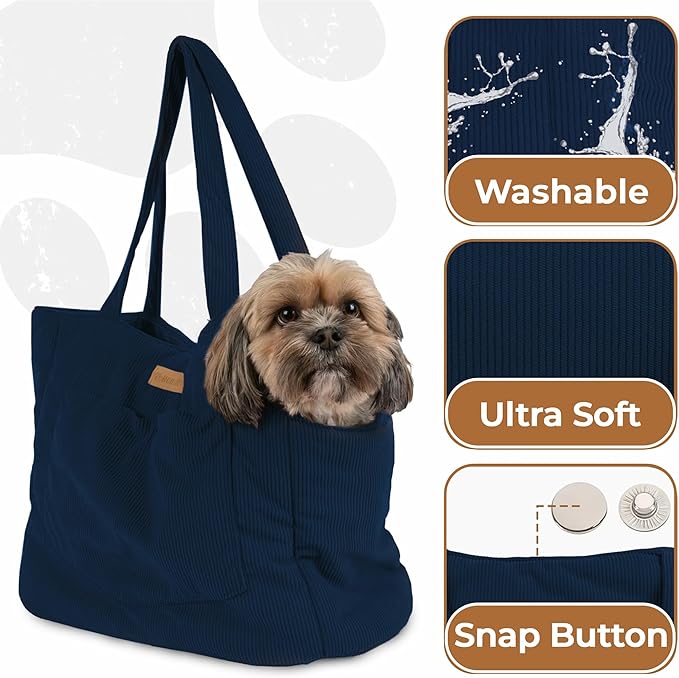 Corduroy Dog Carrier - Lightweight Cotton Soft-Sided Pet Tote with Safety Harness Clip - Breathable Travel Carrier for Small Dogs and Puppies (Dark Blue)-Mewly Pet