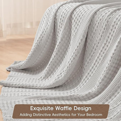 PHF 100% Cotton Waffle Weave Blanket Queen Size for Bed, Soft Lightweight & Breathable, All-Season Comfort, Luxury Aesthetic Woven Bedding for Home Decor, 90"x90", Light Grey
