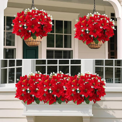 Artificial Flowers for Outdoors Red Christmas Poinsettia Flowers 12 Bundles Mixed Fake Plants UV Resistant Faux Flowers for Outdoor Planters Garden Porch Patio Home Winter Decor