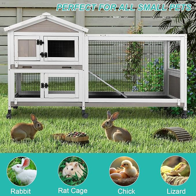 2-Tier Rabbit Hutch with Wheels, Indoor & Outdoor Small Animal Cage with Deep Pull-Out Tray, Anti-Chew Frame, Habitat for Bunny, Guinea Pig, Chinchilla (60" L x 19" W x 35" H)-Mewly Pet