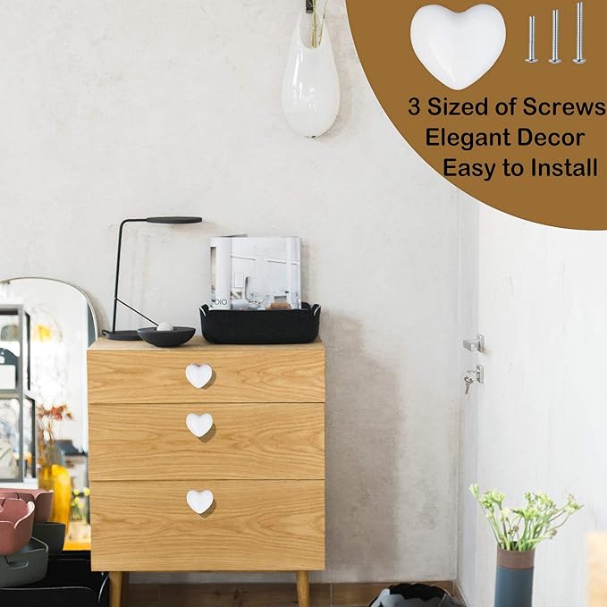 Ceramic Drawer Knobs Heart Shape Cabinet Dresser Pulls Handles with 3 Sized Screws, Kitchen Furniture Knobs for Closet Cupboard Wardrobe (6 Pack, White)
