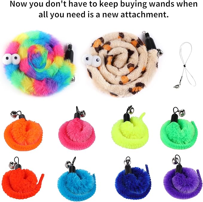 Cat Wand Toy Set, 11 Pcs Including Worm & Snake Refills, Wand Replacement Rope, for Bored Indoor Adult Cats & Kittens-Mewly Pet