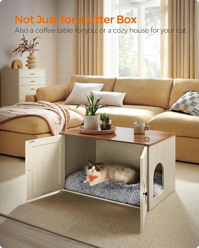 Feandrea Cat Litter Box Enclosure, Litter Box Furniture Hidden with Removable Divider, Indoor Cat House, End Table, 31.5 x 20.9 x 19.7 Inches, Honey Brown and Rustic White UPCL002P01-Mewly Pet