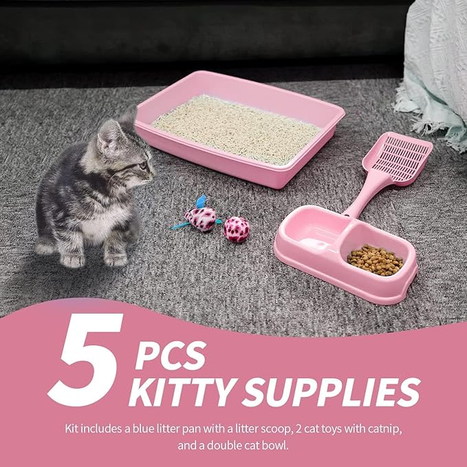PAWISE Cat Litter Box Set, Small Kitten Starter Kit, Includes Litter Box, Litter Scoop, Double Dish Feeding Bowl, Cat Mouse Toy, Kitty Ball Toy, Pink-Mewly Pet
