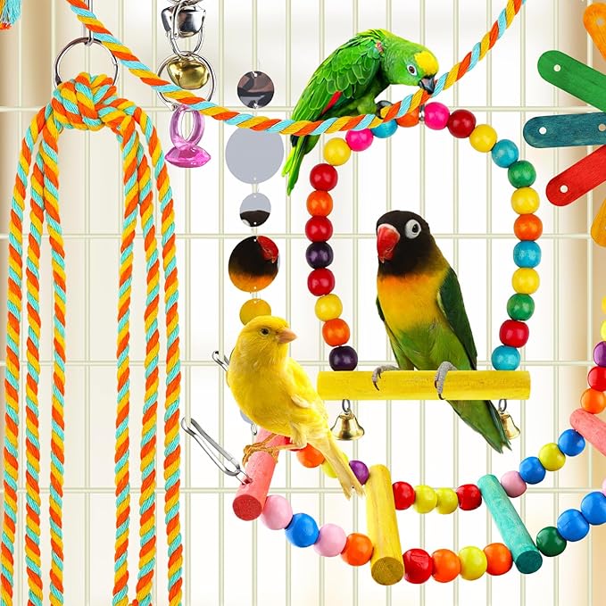 8 pcs Bird Toys for Parakeets with Colorful Ladder Hammock Bird Cage Accessories Bird Perch Stand Chewing Toys Hanging Bell Parrot-Mewly Pet