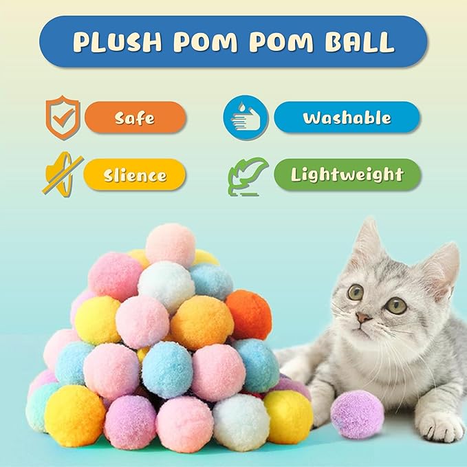 30 Pcs Premium Silent Cat Pom Pom Balls, Interactive Lightweight Assorted Colors Fuzzy Toy Balls (1.2 inches), with 4 Pcs Cat Spring Toy for Indoor Kitten Playing Exercising-Mewly Pet