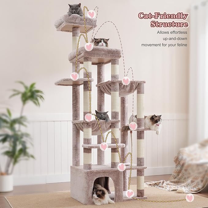 Heybly Heavy Duty Cat Tree, 71-Inch Tall Tower for Large Maine Coon with Extra-Large Baseboard, Cat Condo Furniture with Multi-Level Platforms, 2 Hammocks and 12 Scratching Posts, Muchroom HCT037MU-Mewly Pet