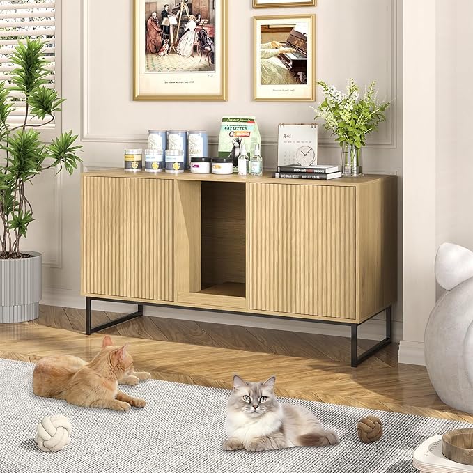 Litter Box Enclosure for 2 Cats, Fluted Hidden Cat Litter Box Furniture with Scratch Pad and Metal Legs, Modern Double Room Kitty House for Living Room, Washroom, 47.2”L x 17.7”W x 25.9”H, Natural-Mewly Pet