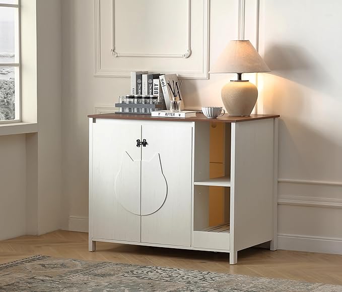 Cat-Faced Doors Cat Litter Robot Enclosure,Automatic Litter Box Enclosure for Litter Robot 3/4,Power Outlet for cat Litter Cabinet,Litter Collector,Dog-Proof Shelf,Antique White-Mewly Pet