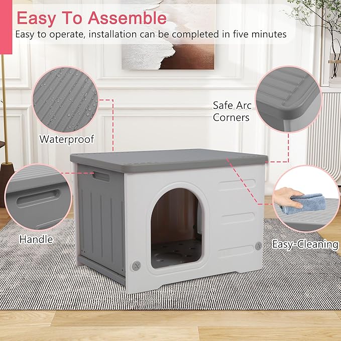 Rockever Plastic Cat House Outdoor with Escape Door, Waterproof Feral Cat House Outdoor Indoor, Sturdy Cat House for Outdoor Cats, Assemble Easily-Grey-Mewly Pet
