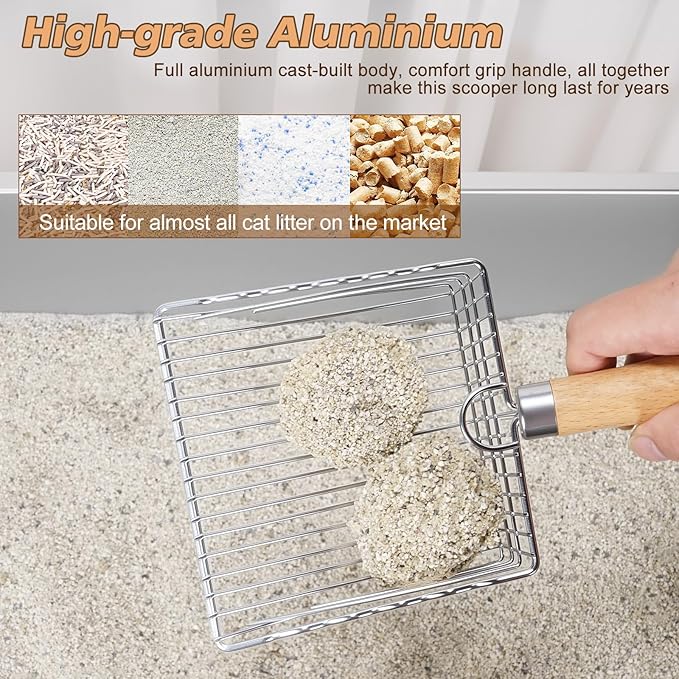 Metal Cat Litter Scoop with Holder, Poop Scooper with Stand&2 Rolls of Garbage Bag, Heavy Duty Stainless Steel Shovel with Wooden, Kitty Quick Sifter for Easy Cleaning, Essential Item for Cat-Mewly Pet