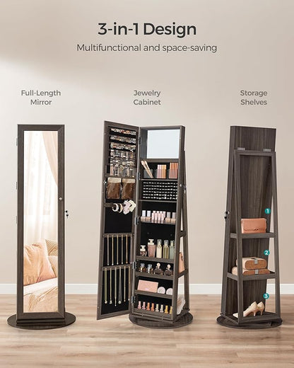 SONGMICS 360° Swivel Jewelry Cabinet, Lockable Jewelry Organizer with Full-Length Mirror, Rear Storage Shelves, Interior Mirror, Jewelry Armoire, Christmas Gifts for Women, Ash Brown UJJC006K02