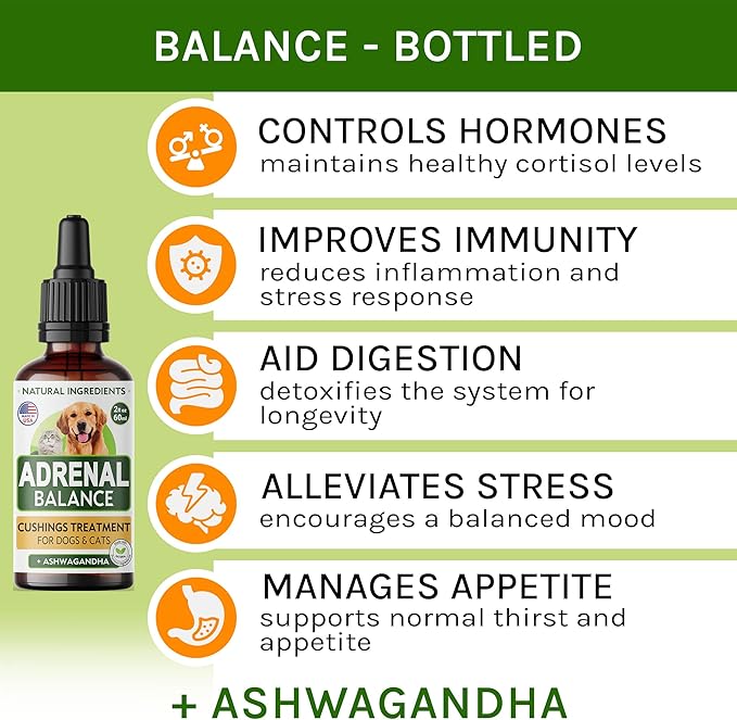Аdrеnаl Balance for Dogs and Cats - Cushings Treatment for Pets, Аdrеnаl Support w/Ashwagandha, Licorice Root, Rhodiola Rosea – Best Cushings Treatment for Dogs - 2oz Harmony Herbal Drops-Mewly Pet