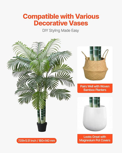 VEVOR Artificial Areca Palm Tree 6 ft, Fake Palm Tropical Plants with White Tall Planter, Faux Floor Silk Plant in Pot, Large Trees for Home Office Living Room Decor House Warming, Indoor Outdoor