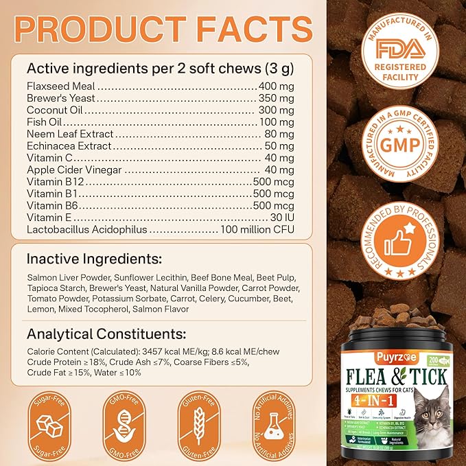 4-in-1 Flea Treatment for Cats Chewable, Natural Cat Flea and Tick Prevention Chewable Supplement for Skin & Coat | Immunity Support | Digestive | Flea & Tick Treatment for All Breeds & Sizes-Mewly Pet