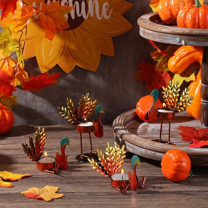 Sieral 12 Pieces Thanksgiving Candle Holder Metal Turkey Tea Light Candle Holders Thanksgiving Table Centerpieces Decoration Turkey Candlesticks for Fall Holiday Fireplace Home Centerpiece