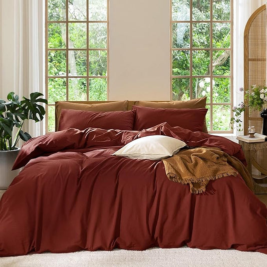 MooMee Bedding Duvet Cover Set 100% Washed Cotton Linen Like Textured Breathable Durable Soft Comfy (Solid Fired Brick Red, Cal King 104"x98")