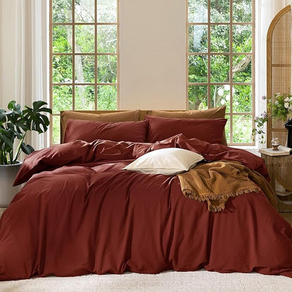 MooMee Bedding Duvet Cover Set 100% Washed Cotton Linen Like Textured Breathable Durable Soft Comfy (Solid Fired Brick Red, Full 80"x90")
