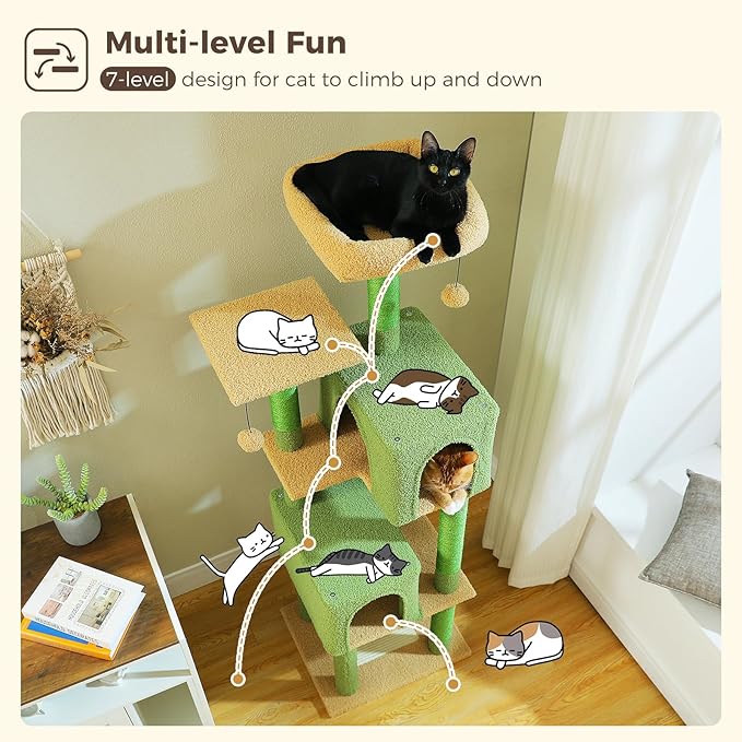 Cactus Cat Tree, 62-Inch Large Cat Tower for Multi-Cat Households w/Scratching Posts, Multi-Level Condo w/Cozy Top Perch & Scratching Pad, Padded Platform, 2 Pompoms, Green-Mewly Pet