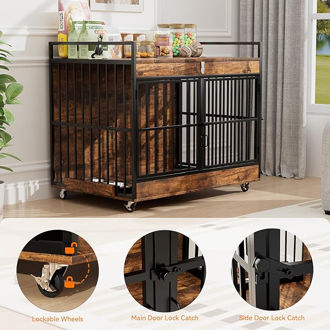 Dog Crate Furniture Large Breed with 2 Stainless Steel Bowls, Large Wooden Dog Crate Table, Escape-Proof & Chew-Proof XL Furniture, Decorate House As TV Stand, End Table, 45" L X 30" W 37" H-Mewly Pet