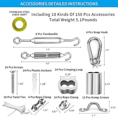 Globe String Light Suspension Kit, Outdoor Light Guide Wire, Vinyl Coated Stainless Steel Steel Cable，Include 300ft Transparent PVC and 304 Stainless Steel Wire Cable, Turnbuckle and Hooks