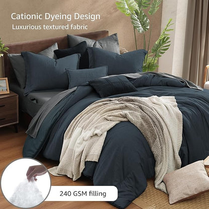 Monbix Full Size Comforter Set, Navy Blue Bedding Comforter for Full Size Bed Set Reversible, Bedding Sets Full 7 Pieces, Cationic Dyeing Bed in a Bag with Comforter, Sheets, Pillowcases & Shams