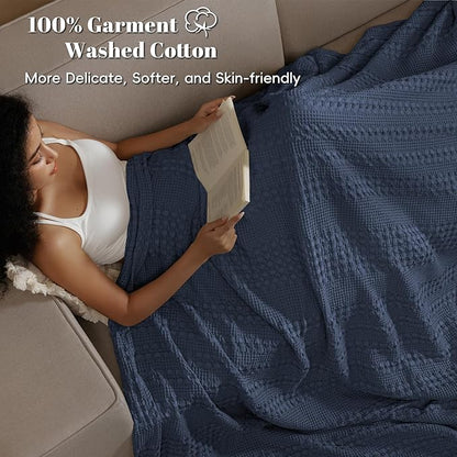 PHF 100% Cotton Waffle Weave Blanket King Size for Bed, Soft Lightweight & Breathable, All-Season Comfort, Luxury Aesthetic Woven Bedding for Home Decor, 108"x90", Indigo