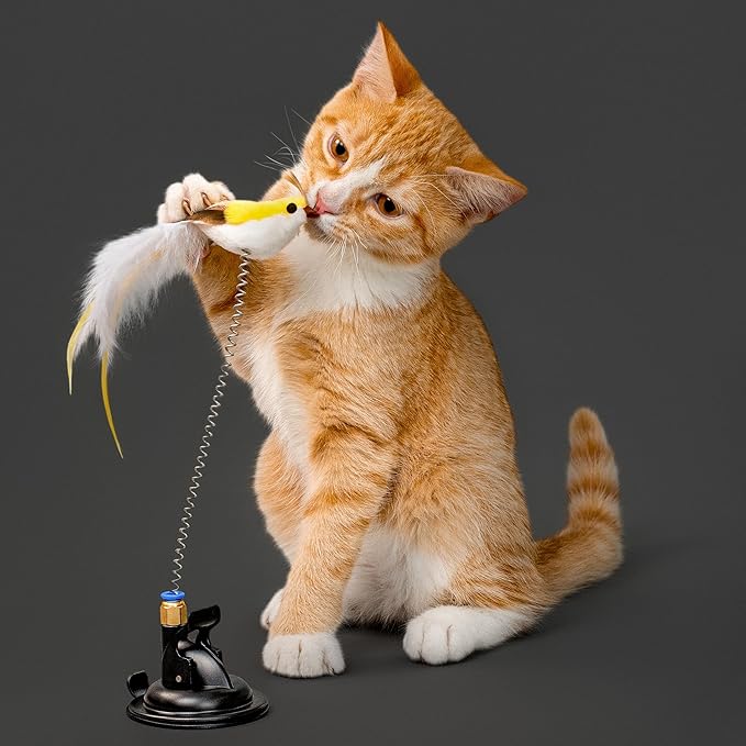 Playology Cat Toy Suction Cup Spring Bird | Interactive Toy with Lifelike Feather Bird | Secure Suction Cup with Unpredictable Movement | Perfect for Active Indoor Cats-Mewly Pet